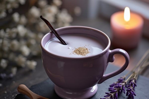 lucid origin hyper realistic moody editorial food photography of a warm soft lavender creamy 2